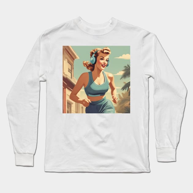 Fitness Bombshell Jogging Vintage Art Pin Up Pace Long Sleeve T-Shirt by di-age7